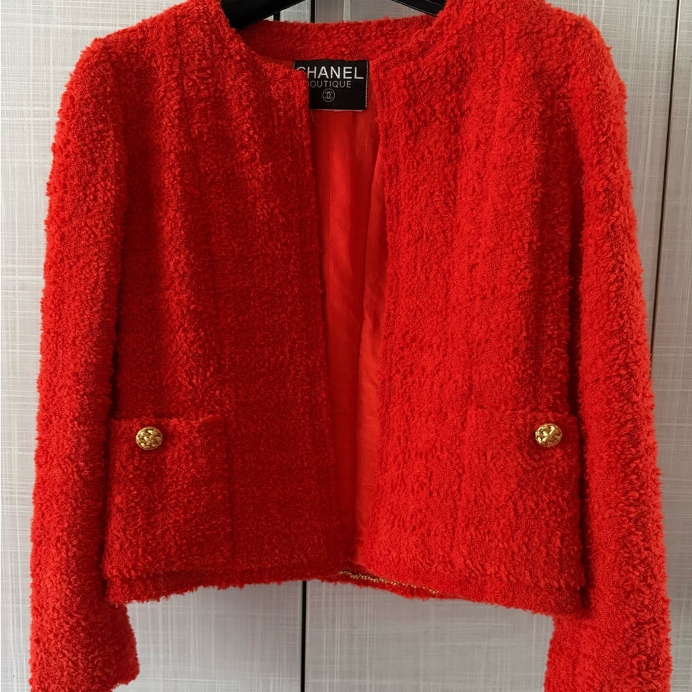 Chanel Red Tweed jacket 1992 with Gold Buttons